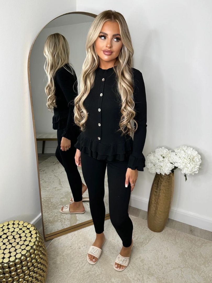 Frill Sleeve Loungewear Set Black
