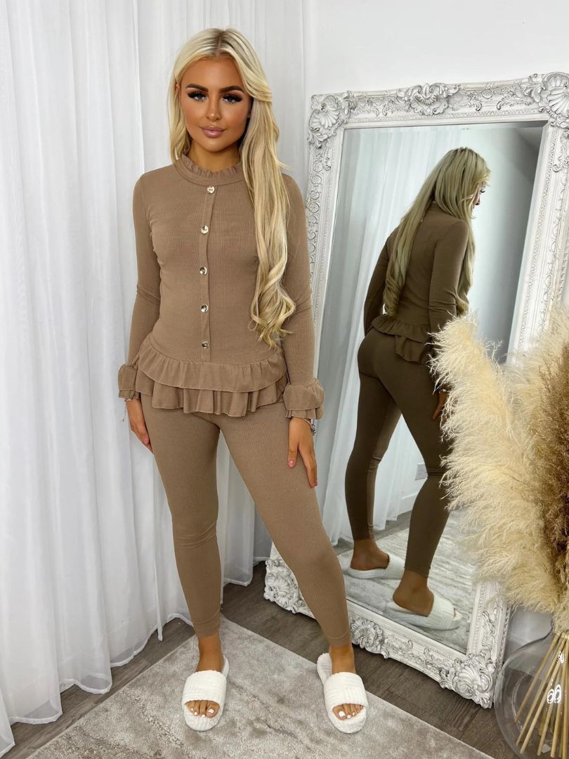 Frill Sleeve Loungewear Set Taupe