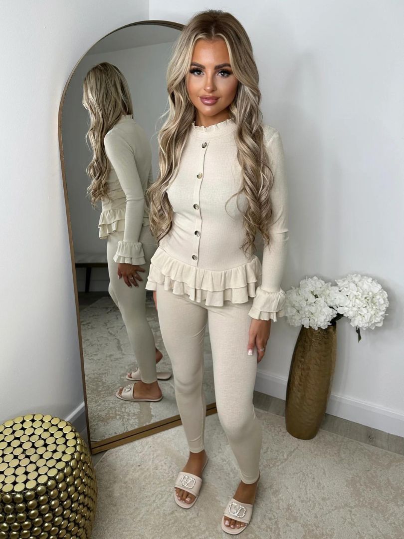 Frill Sleeve Loungewear Set Cream
