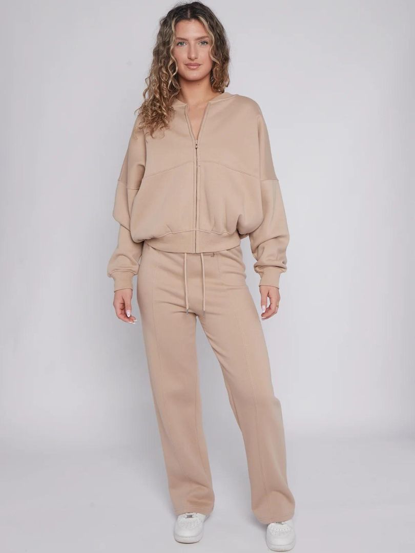 Bomber Style Zip Top and Flare Jogger Beige