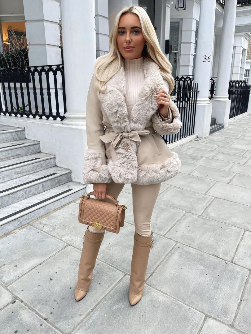 Cream Belted Fur Coat Cream