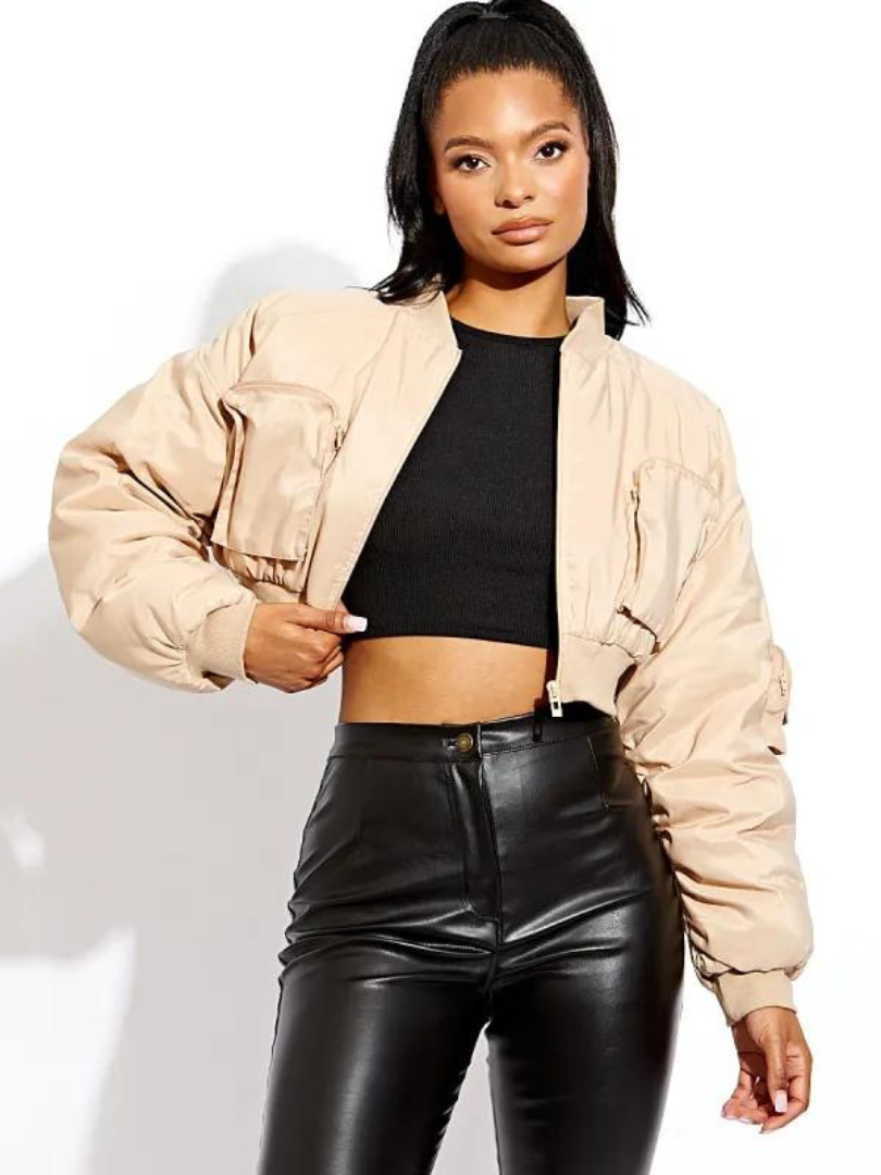 Cropped Bomber Jacket Beige
