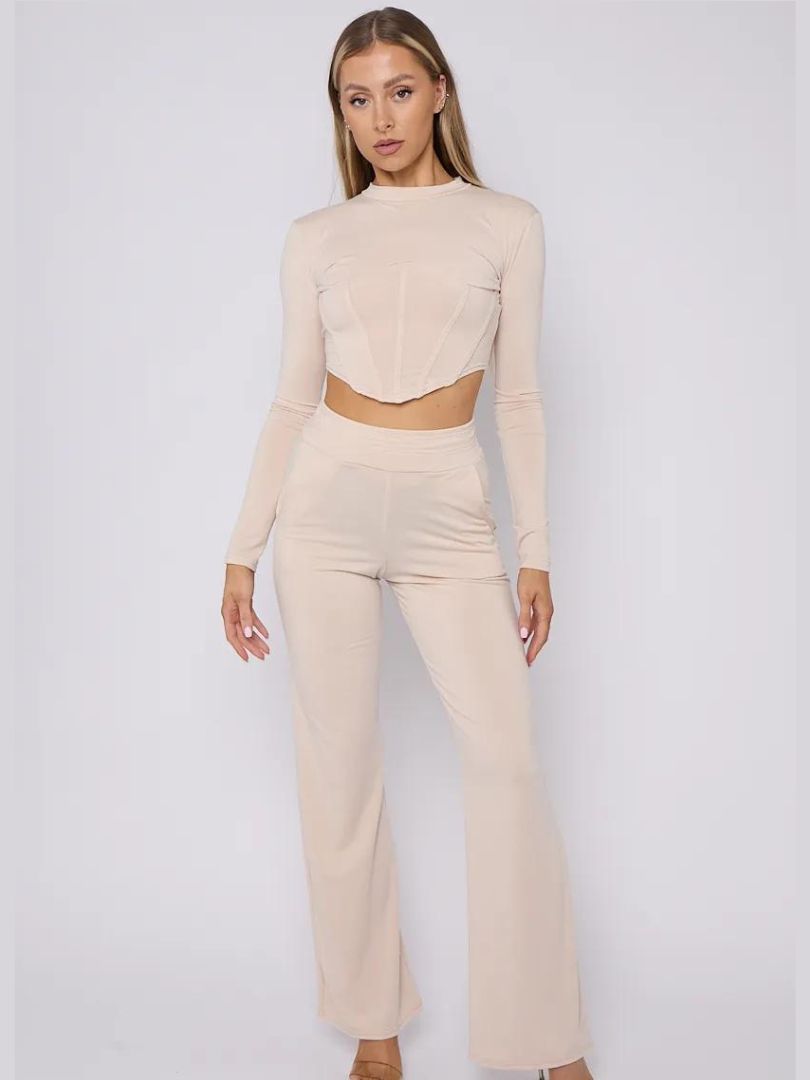 Corset Style Flare Trousers Set Beige
