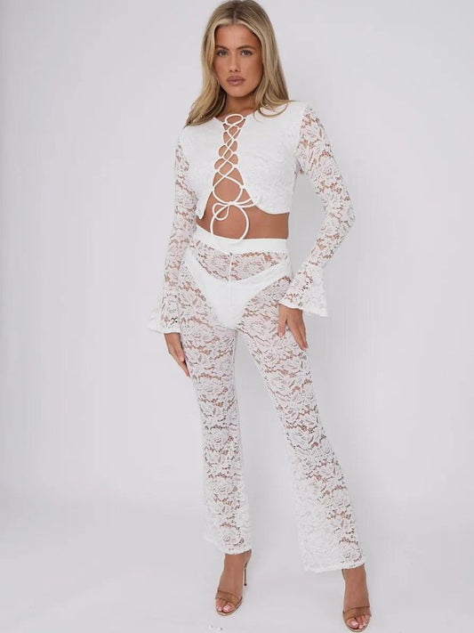 Lace Co-ord Top and Flare Trouser Set White