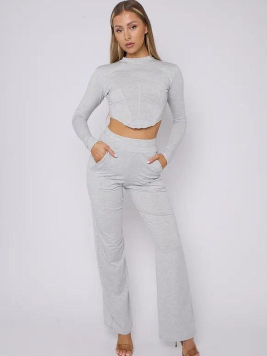 Corset Style Flare Trousers Set Grey