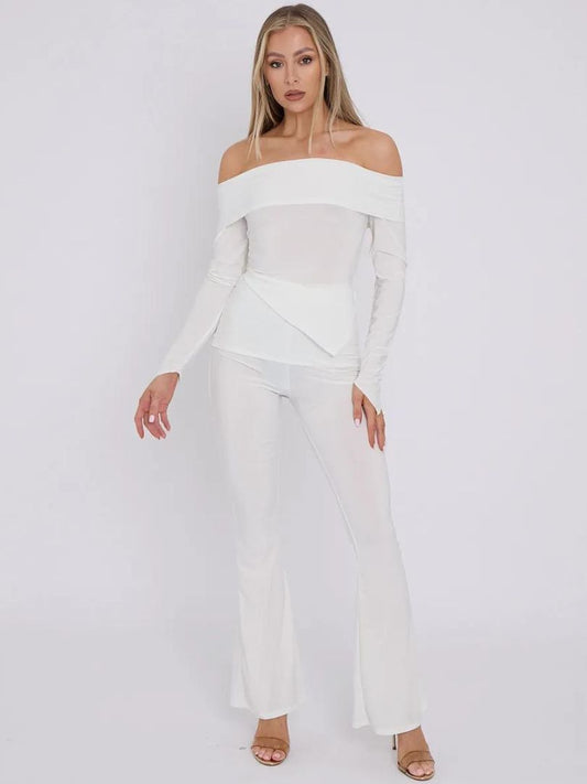 Off Shoulder Slinky Two-Piece Fold Down Trouser Set White