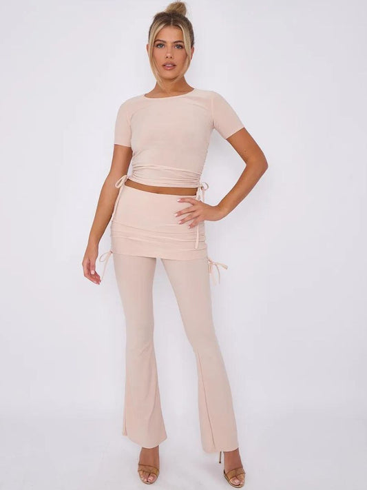 Ruched Fold Over Co-ord Set Stone