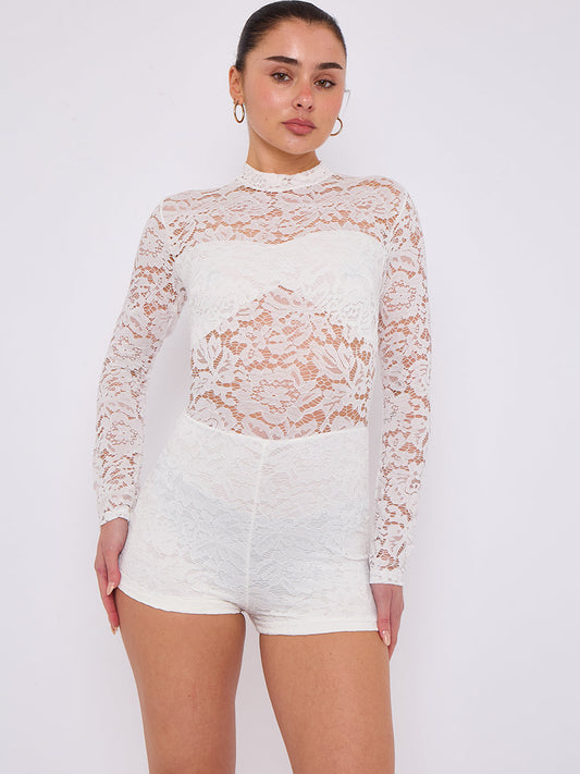 White Long Sleeve Lace Playsuit