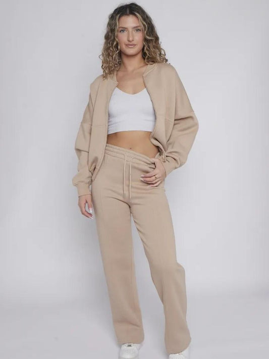 Oversize Zip Up Top and Flare Trouser Lounge Set Beige
